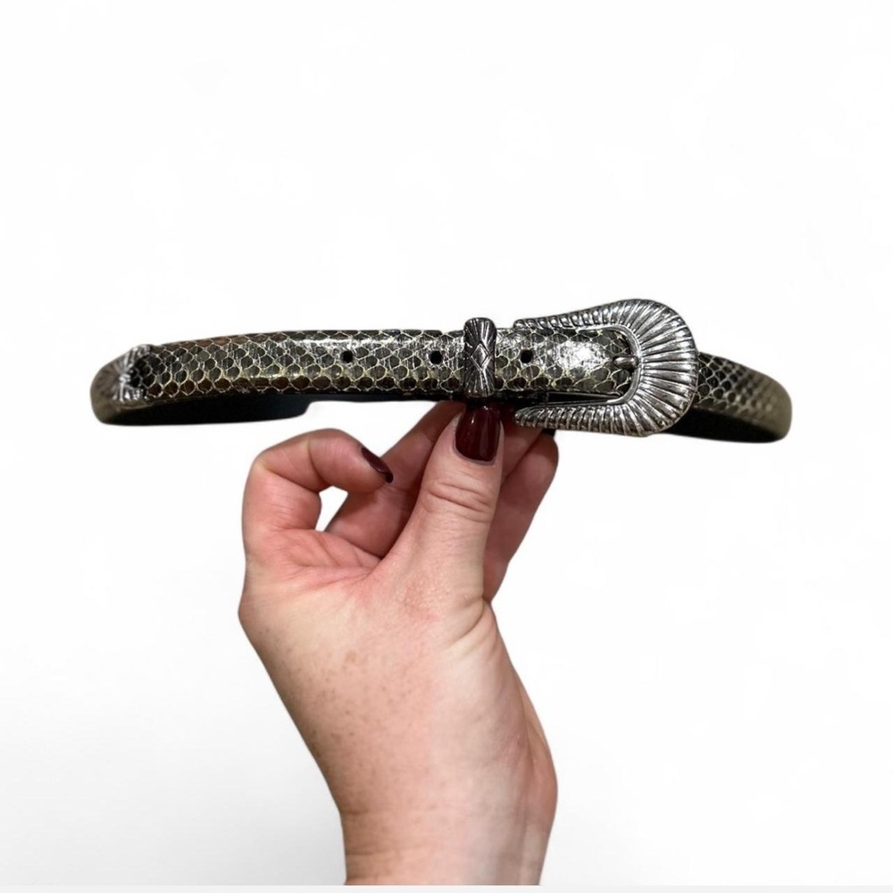 Metallic Yellow Black Leather Snake Print Belt Western Silver-tone Hardware Med.